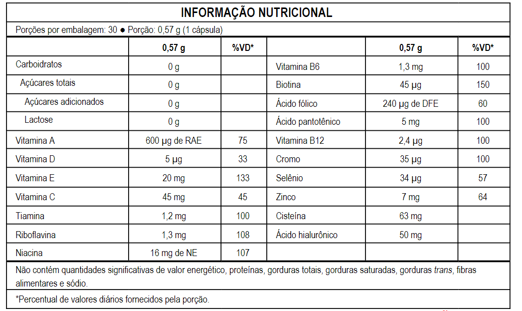 Tabela de informação nutricional - Hyaluronic Complex - Rennova Beauté 30caps